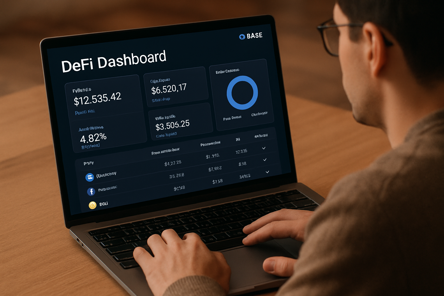 Retail investor interacting with a simple DeFi dashboard on Base blockchain using a laptop, showcasing secure and user-friendly crypto investment tools in 2025.