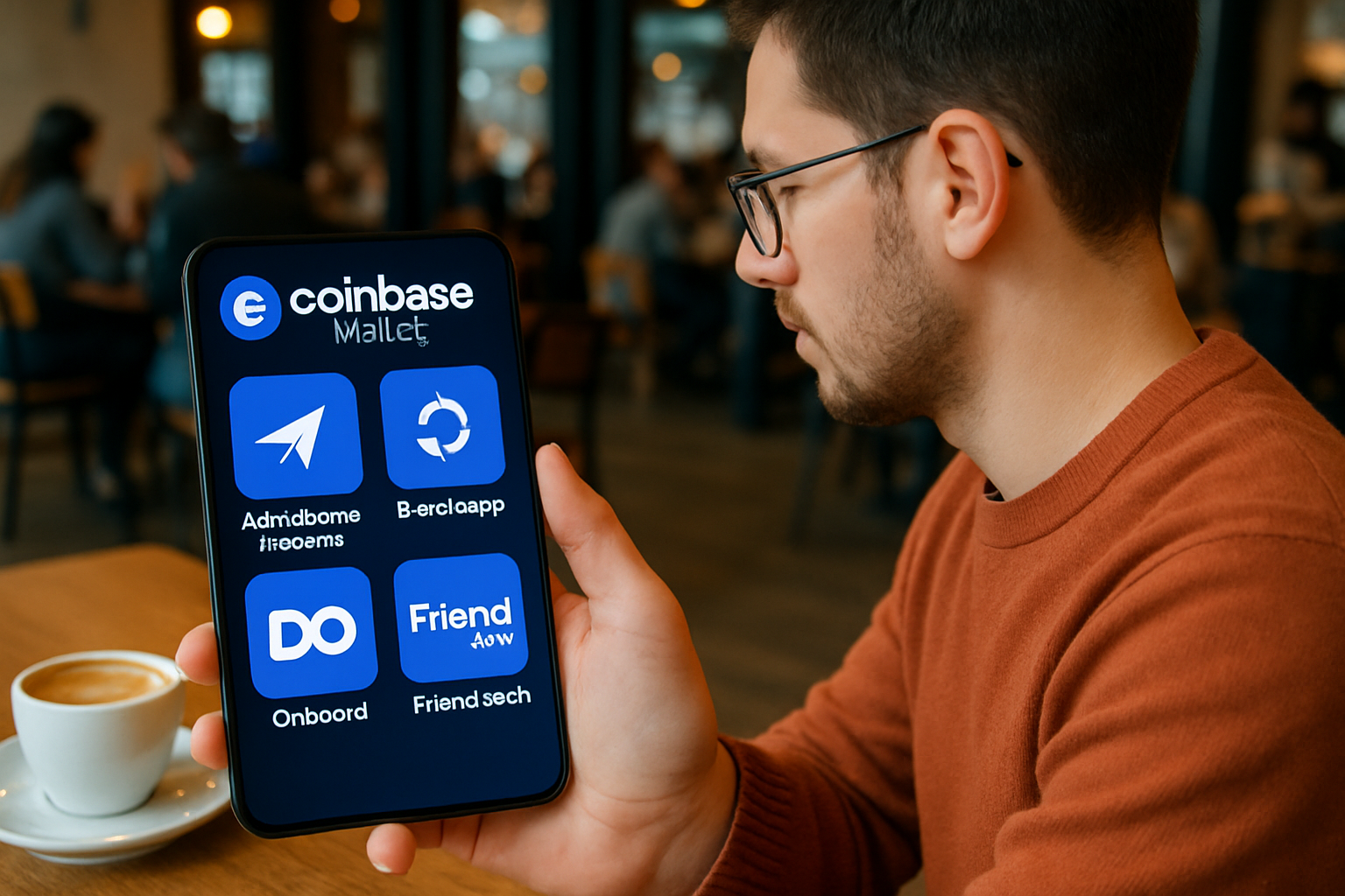 Retail investor using smartphone to access Coinbase Wallet, Aerodrome Finance, BaseSwap, Onboard by Blocknative, and Friend.tech DeFi apps on Base blockchain in a coffee shop setting