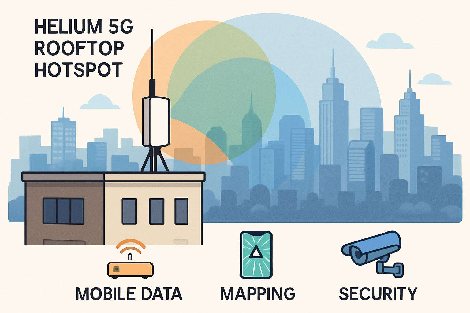 Rooftop Helium 5G hotspot overlooking a city skyline with visible wireless coverage zones, illustrating real-world DePIN use cases such as enterprise private networks, IoT backhaul, community expansion, event connectivity, critical infrastructure redundancy, and blockchain-powered rewards.