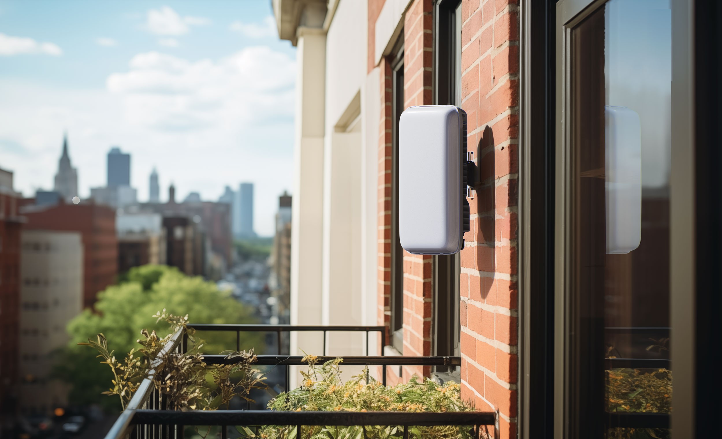 Rooftop Helium 5G hotspot device overlooking a city skyline at sunset, illustrating decentralized wireless network expansion