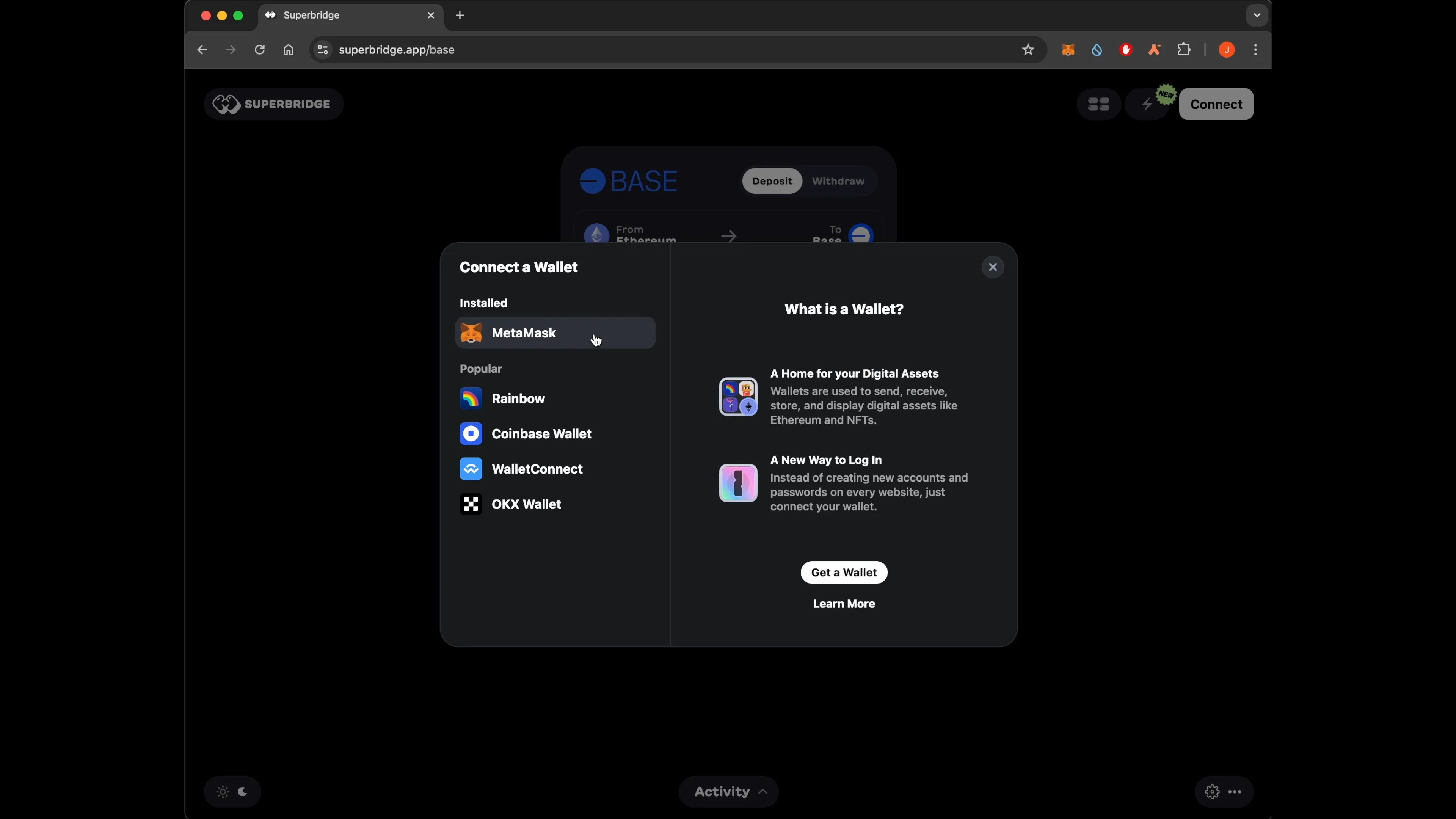 Screenshot of a successful ETH to Base bridge confirmation page showing transaction completion and wallet balance update