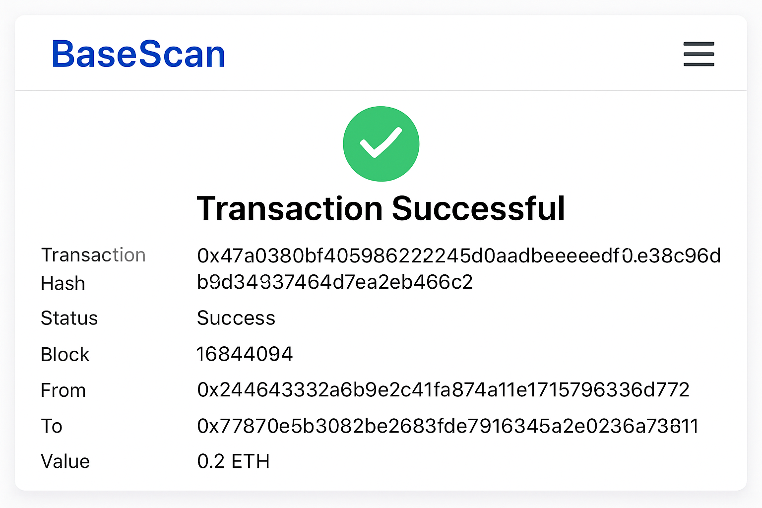 Screenshot of a successful ETH transfer confirmation on BaseScan blockchain explorer
