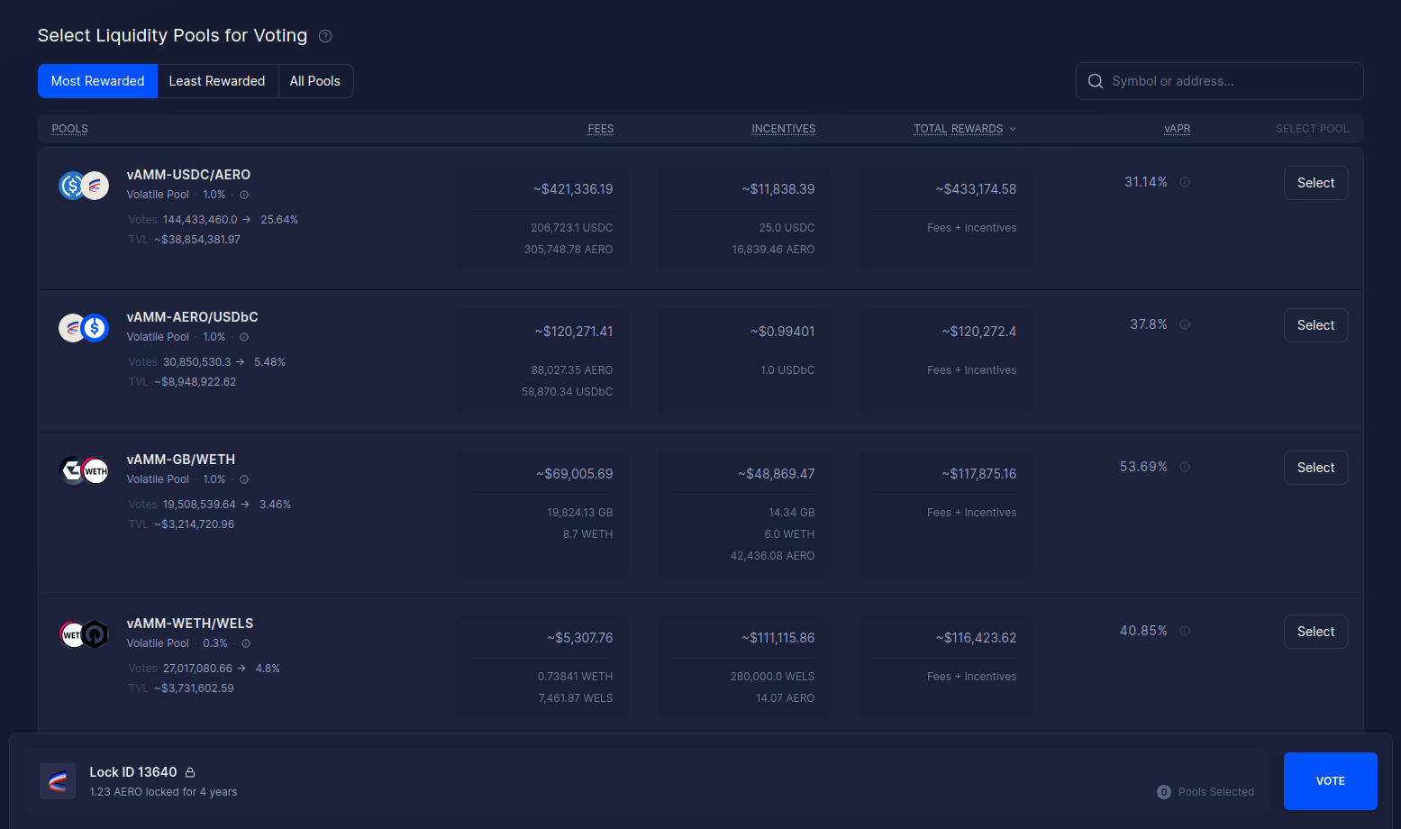 Aerodrome Finance user interface displaying DeFi liquidity pools and APY rates on Base network