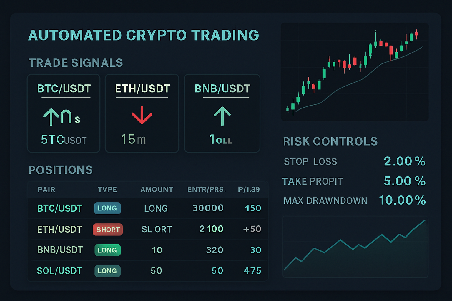 Automated crypto trading dashboard screenshot highlighting trade signals, risk controls, and systematic strategy steps for mechanical trading plans