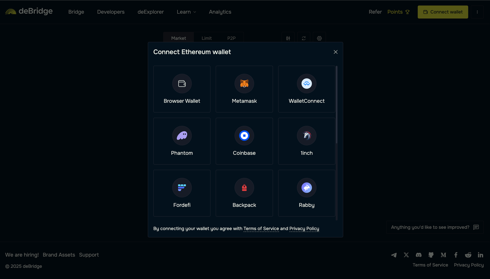 Screenshot of deBridge app interface with Ethereum selected as source chain and Base as destination chain for bridging crypto assets