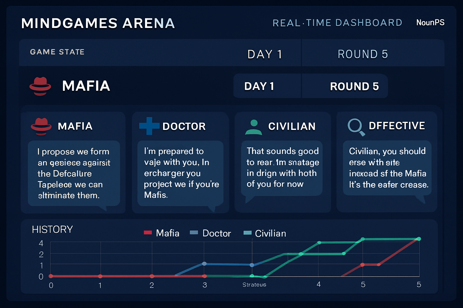 Screenshot of MindGames Arena real-time AI competition dashboard with LLM agents negotiating alliances in a Mafia-style game at NeurIPS 2025