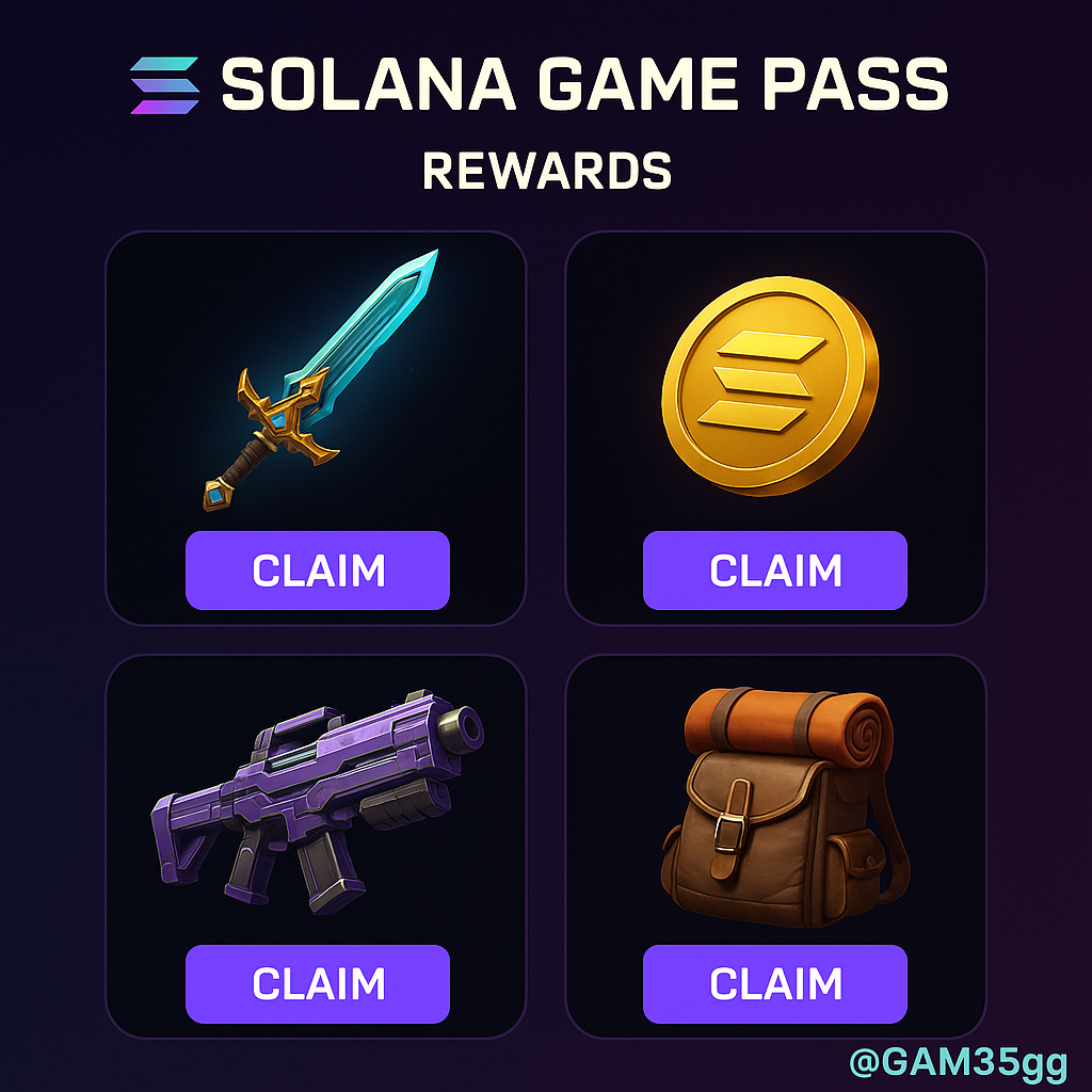 Solana Game Pass 2025 rewards screenshot showing in-game items and tokens earned with @GAM3Sgg tag visible
