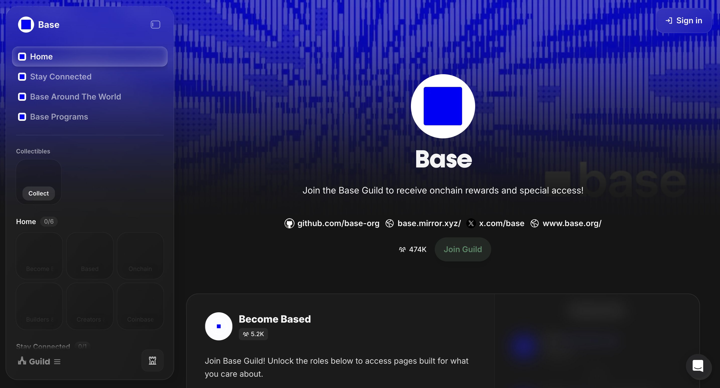 Screenshot of Base Guild dashboard showing all four roles completed for maximum $BASE airdrop eligibility, including wallet verification, social account linking, on-chain tasks, and community participation.