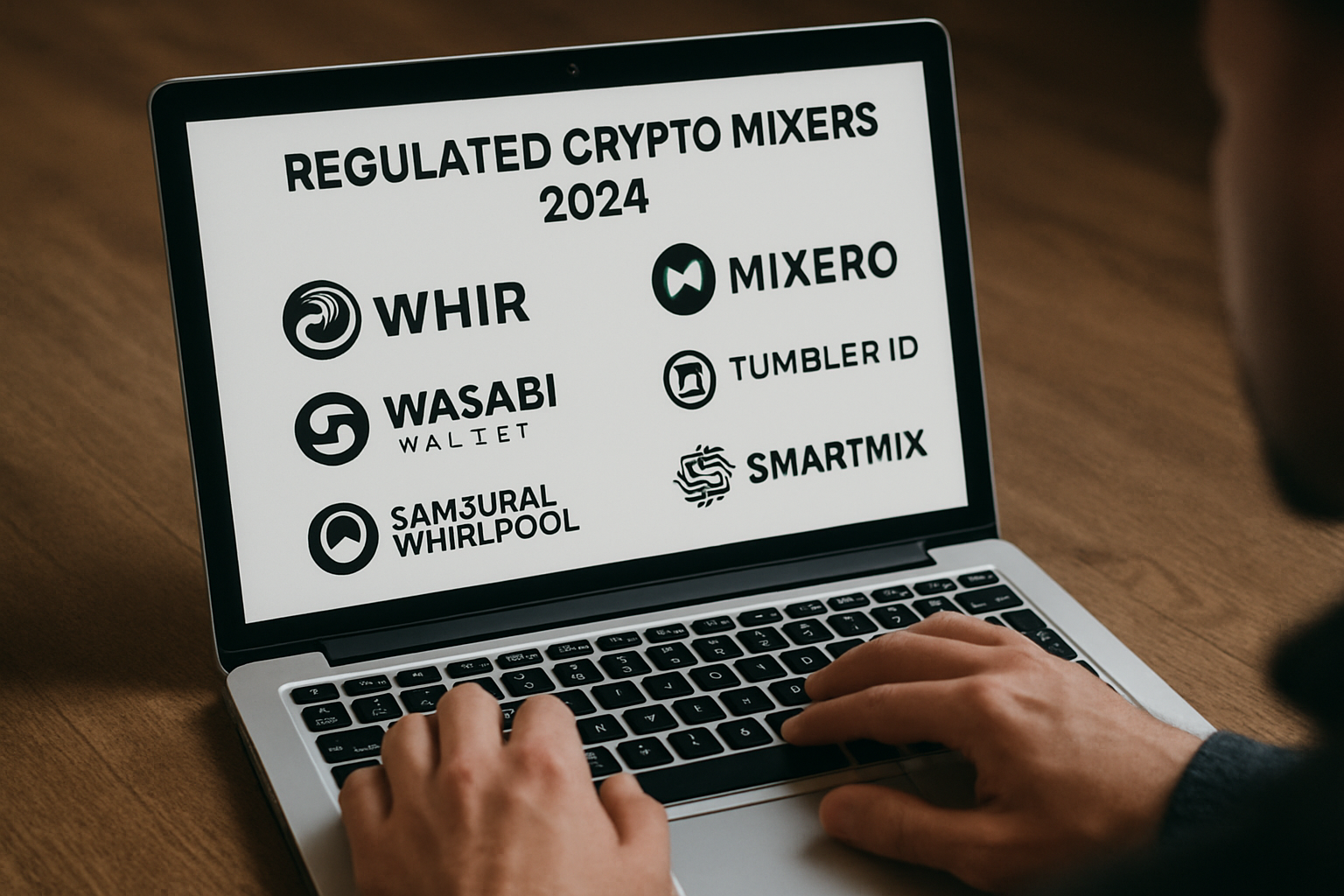 Secure crypto user researching top regulated crypto mixers of 2024 on a laptop, featuring Whir Bitcoin Mixer, Wasabi Wallet, Samourai Wallet with Whirlpool, Mixero, Tumbler.io, SmartMix, and Sinbad Mixer.
