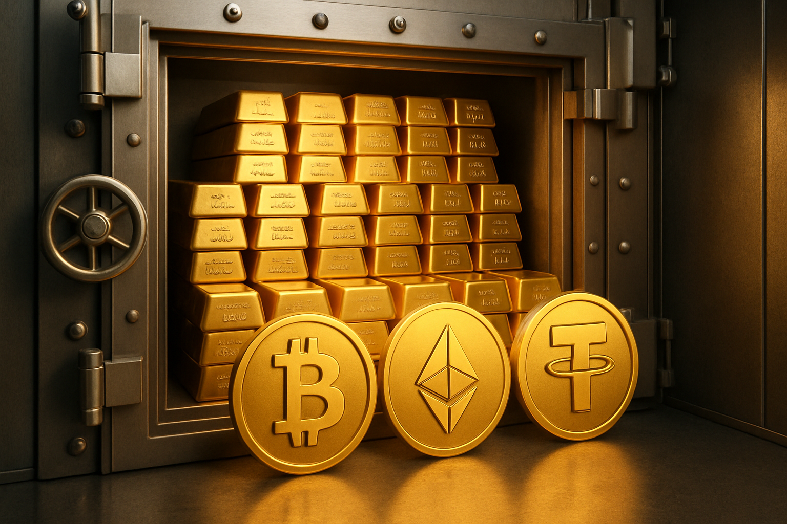 Secure vault filled with gold bars and digital token symbols representing tokenized gold for crypto investors