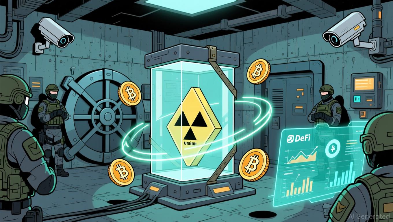 Secure vault with uranium drums and blockchain digital overlay representing tokenized uranium lending in DeFi