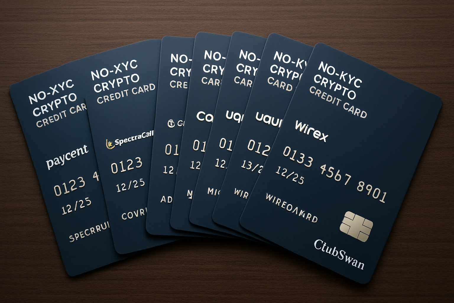 Selection of top no-KYC crypto credit cards for 2025, including Midnight Blue, Paycent, Bitpay, SpectroCoin, CoinsPaid, Uquid, Advcash, Mistertango, Wirex, and ClubSwan, fanned out on a table for private crypto spending.