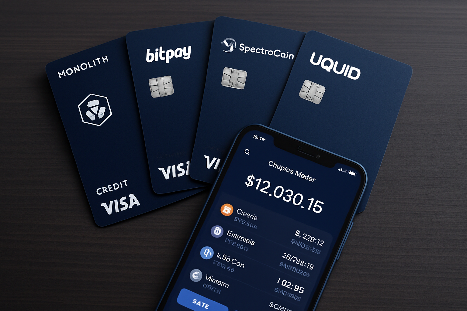 Top 5 no-KYC crypto credit cards for 2025 (Midnight Blue, Monolith Visa, BitPay Prepaid Mastercard, SpectroCoin Prepaid, Uquid Crypto Card) fanned out on a table with a smartphone showing a crypto wallet app, representing anonymous crypto spending options.