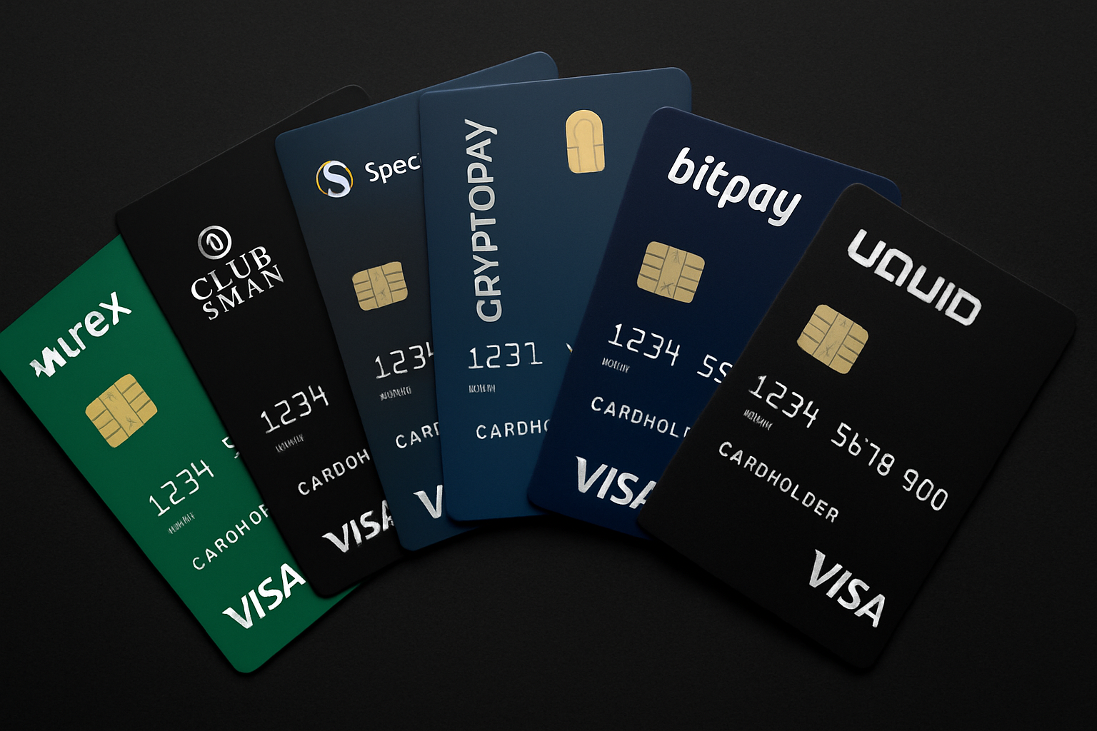 Selection of top no-KYC crypto credit cards for 2025, including Wirex, ClubSwan, SpectroCoin, Cryptopay, Bitpay, and Uquid, fanned out on a dark background to highlight privacy-focused rewards options.