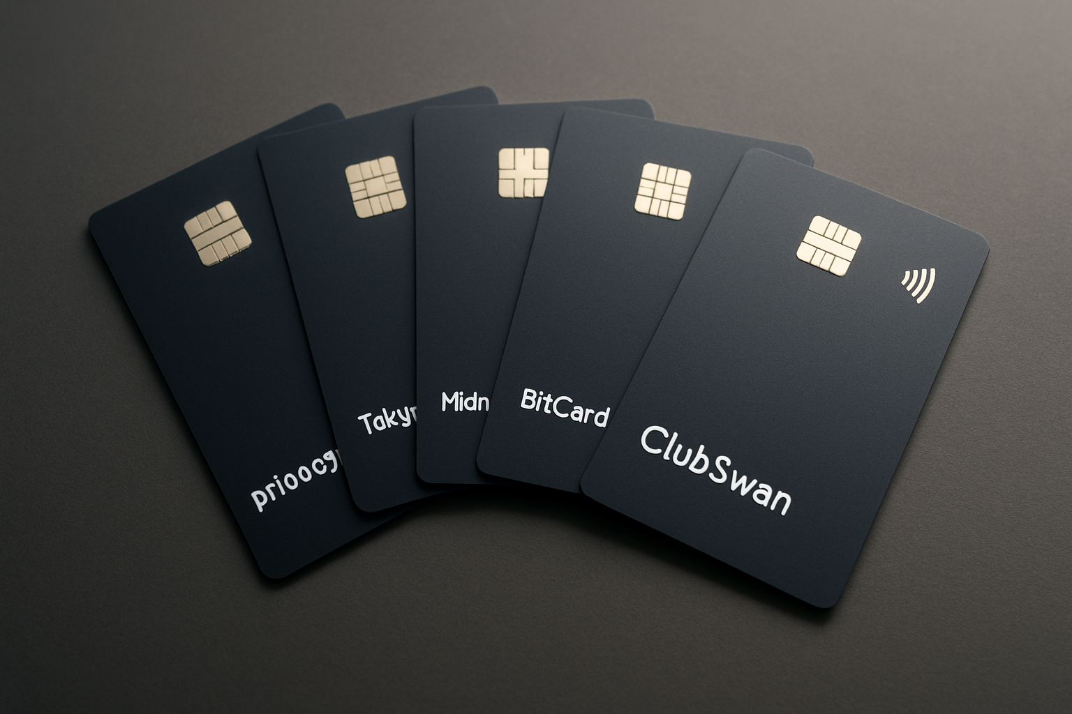 Selection of sleek, unbranded crypto credit cards fanned out on a table representing privacy and choice in 2025, featuring Tokyniq, Midnight Blue by Crypto.com, BitCard, ClubSwan, Paycent, and Uquid cards.