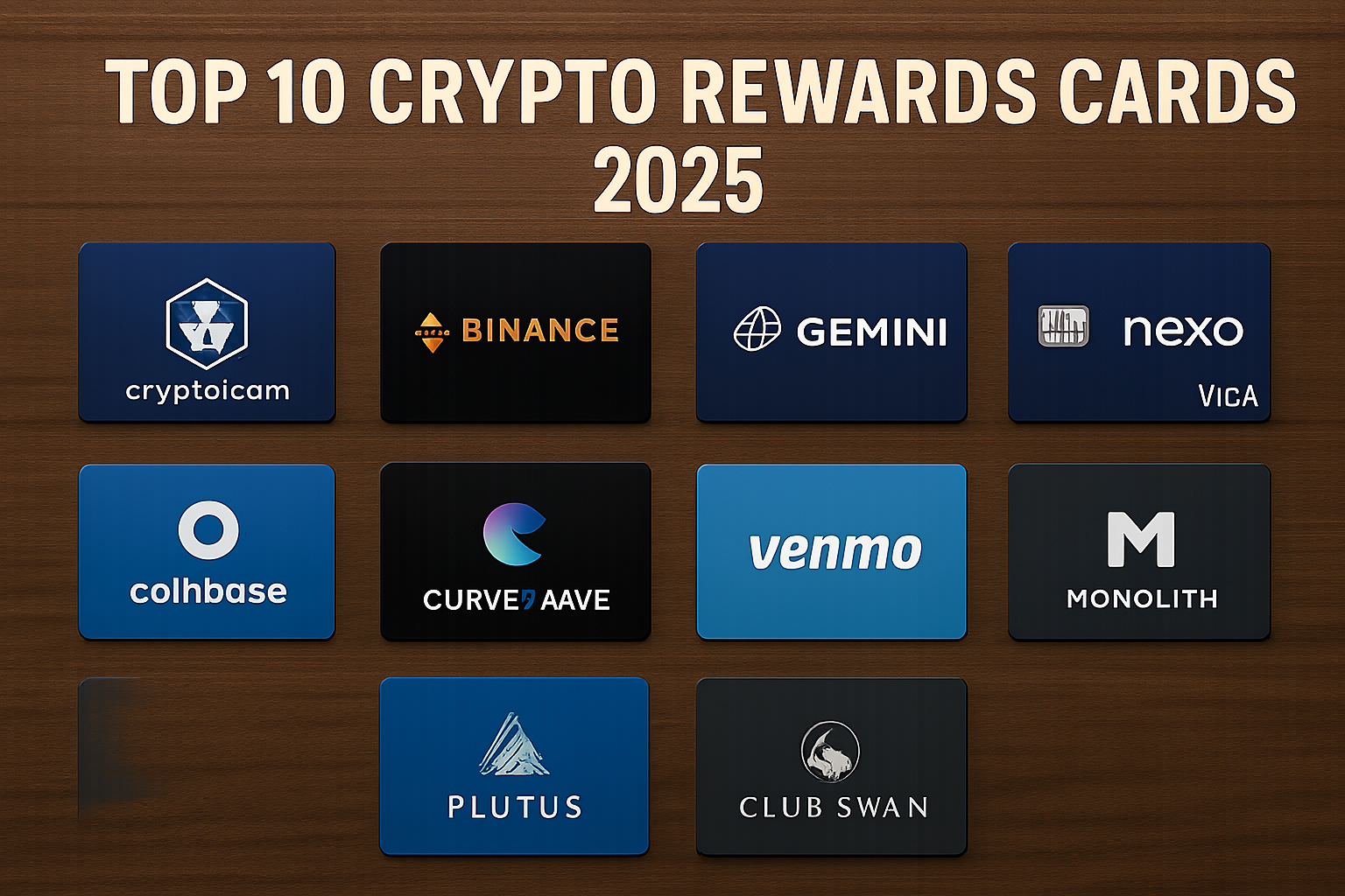 Top 10 crypto rewards cards for 2025, including Crypto.com, Binance, Gemini, Nexo, Coinbase, Curve x Aave, Venmo, Monolith, Plutus, and Club Swan, displayed on a table with visible logos and unique card designs, representing governance token rewards and DeFi features.