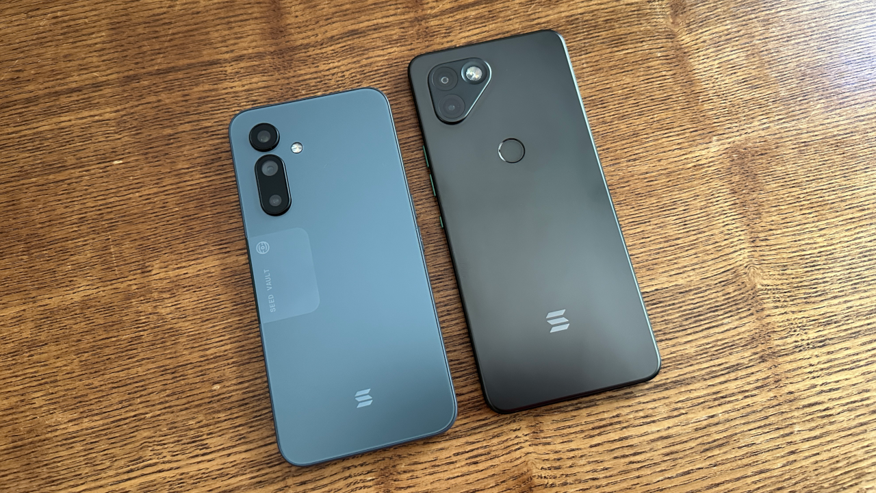 Side-by-side comparison of Solana Saga and Seeker phones showcasing differences in design and security features for DeFi trading