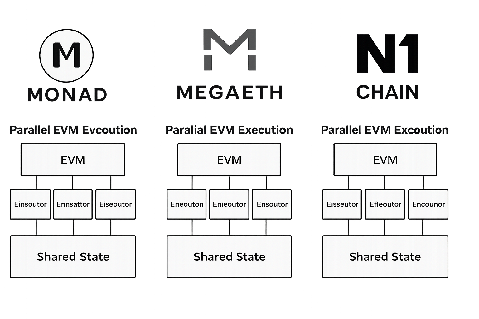 Side-by-side comparison of Monad, MegaETH, and N1 Chain logos with technical diagrams illustrating their parallel EVM execution architectures