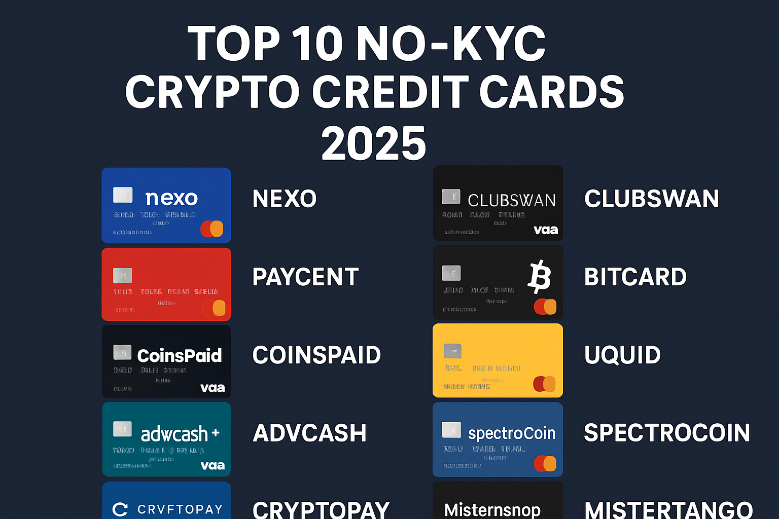 Sleek lineup of top no-KYC crypto credit cards for 2025, including Nexo, ClubSwan, Paycent, Bitcard, CoinsPaid, Uquid, Advcash, SpectroCoin, Cryptopay, and Mistertango, highlighting privacy and digital freedom.