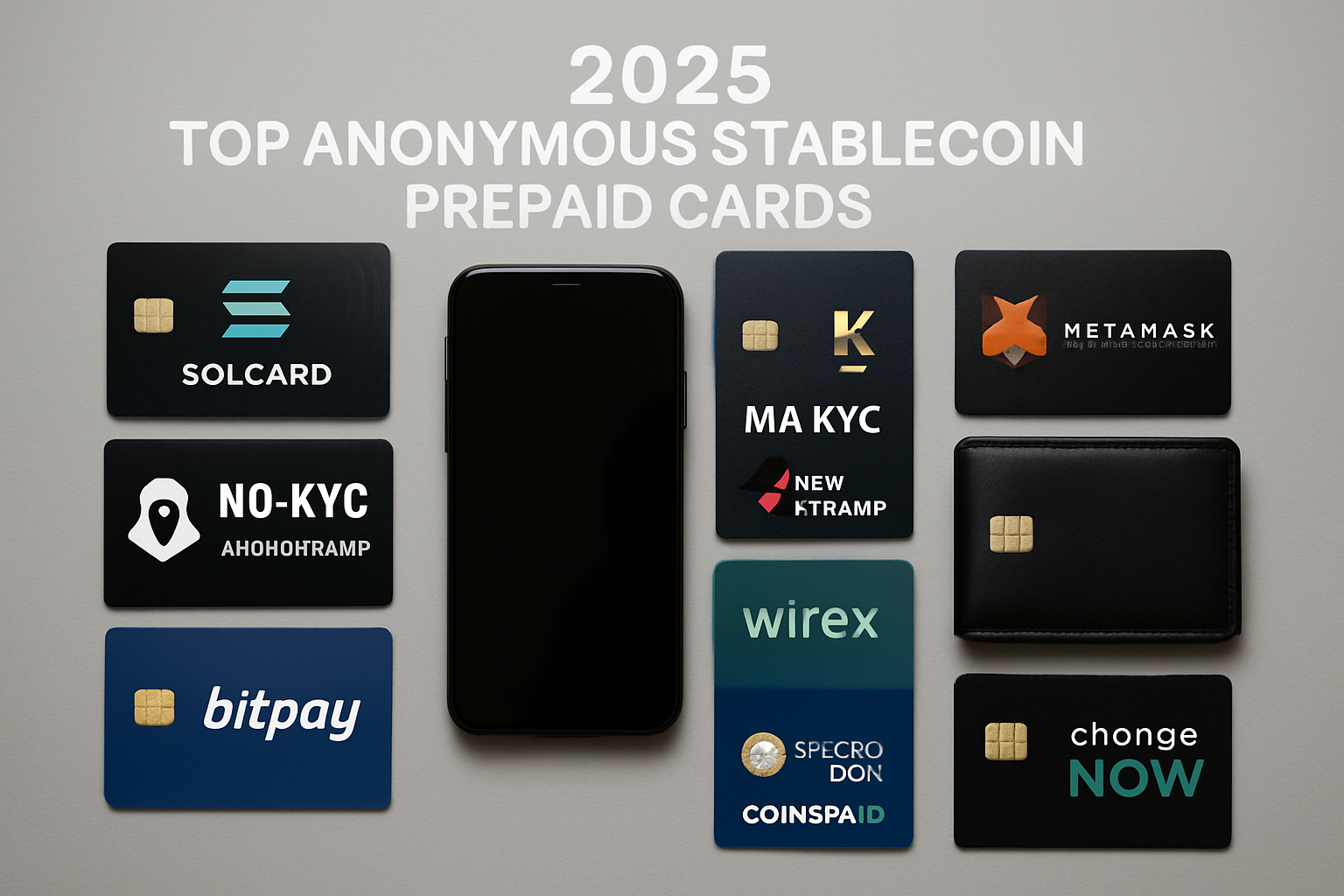 Top anonymous stablecoin prepaid cards of 2025, including SolCard, KAST, MetaMask No-KYC Edition, and others, displayed on a modern desk with a smartphone crypto wallet app open.