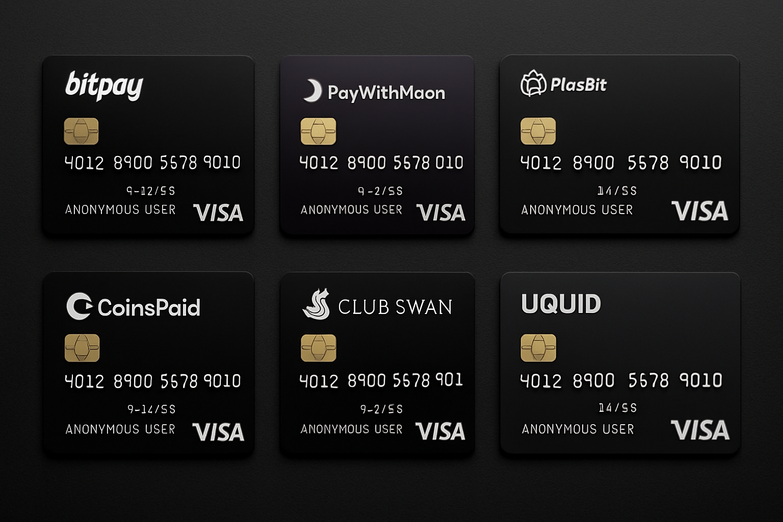 Sleek array of anonymous crypto credit cards for 2025, including Bitpay, PayWithMoon, PlasBit, CoinsPaid, ClubSwan, and Uquid, displayed on a dark background for privacy-focused cryptocurrency spending.