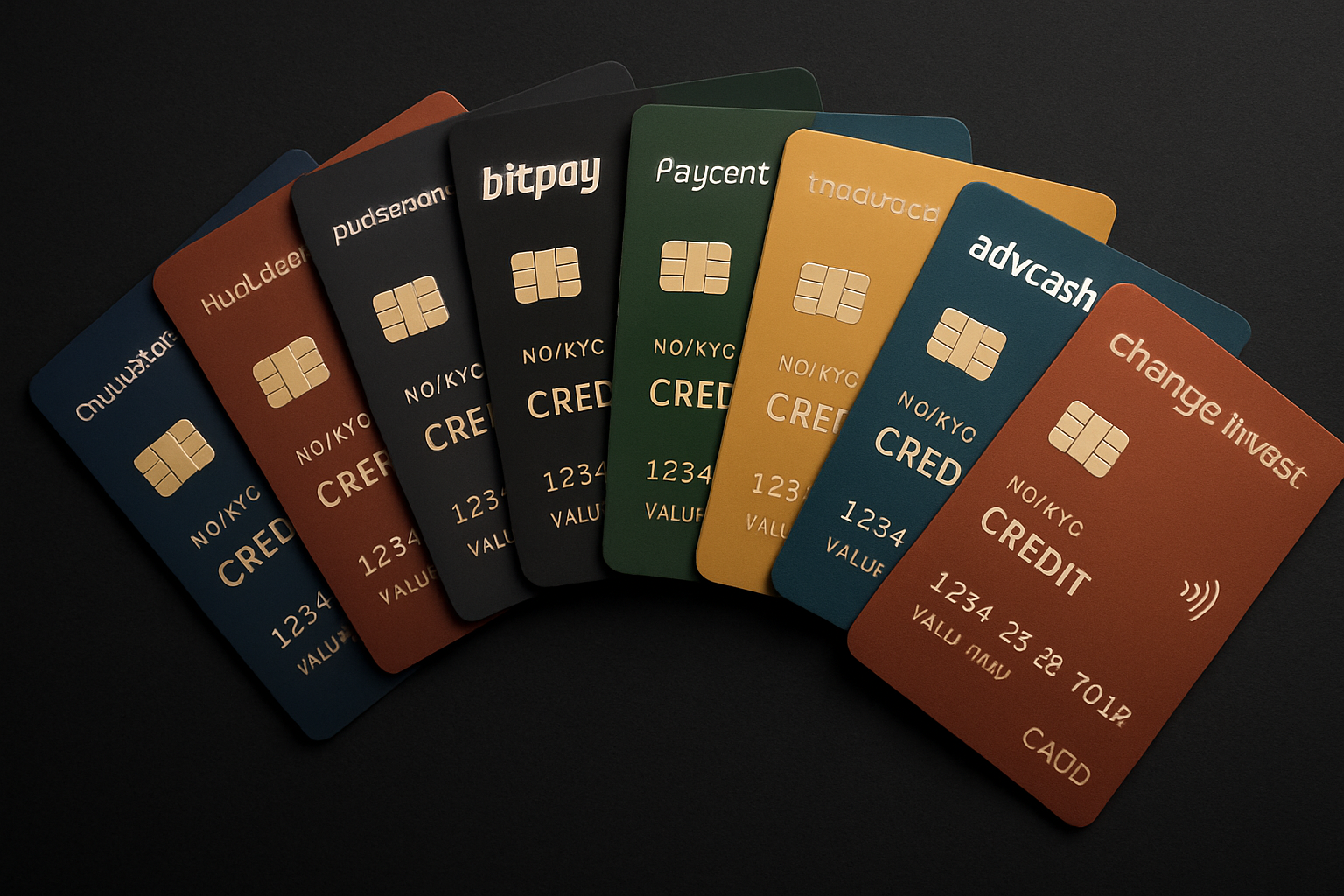 Sleek array of the 10 best no-KYC crypto credit cards for 2025, including ClubSwan, MondoGate, Dukascopy, Bitpay, Paycent, SpectroCoin, Uquid, Advcash, Change Invest, and CoinsPaid, fanned out on a dark background representing financial privacy and global spending.