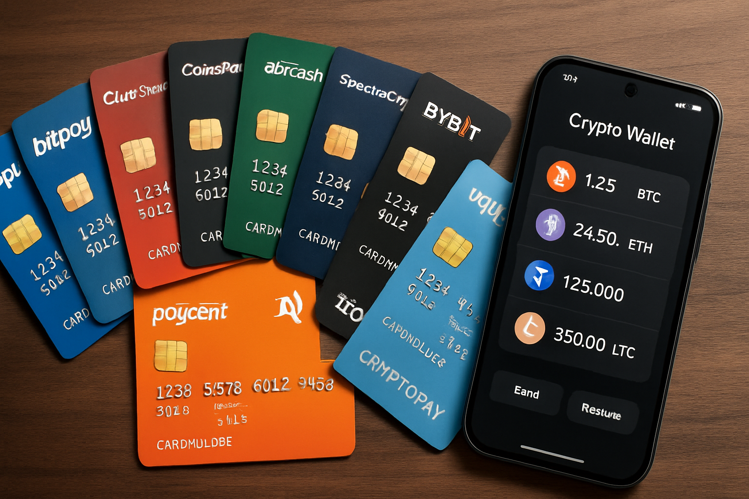 Top no-KYC crypto credit cards for 2025 fanned out on a desk with a smartphone displaying a crypto wallet app, featuring BitPay, Club Swan, CoinsPaid, Paycent, Advcash, SpectroCoin, SatoshiTango, Bybit, Uquid, and Cryptopay cards.