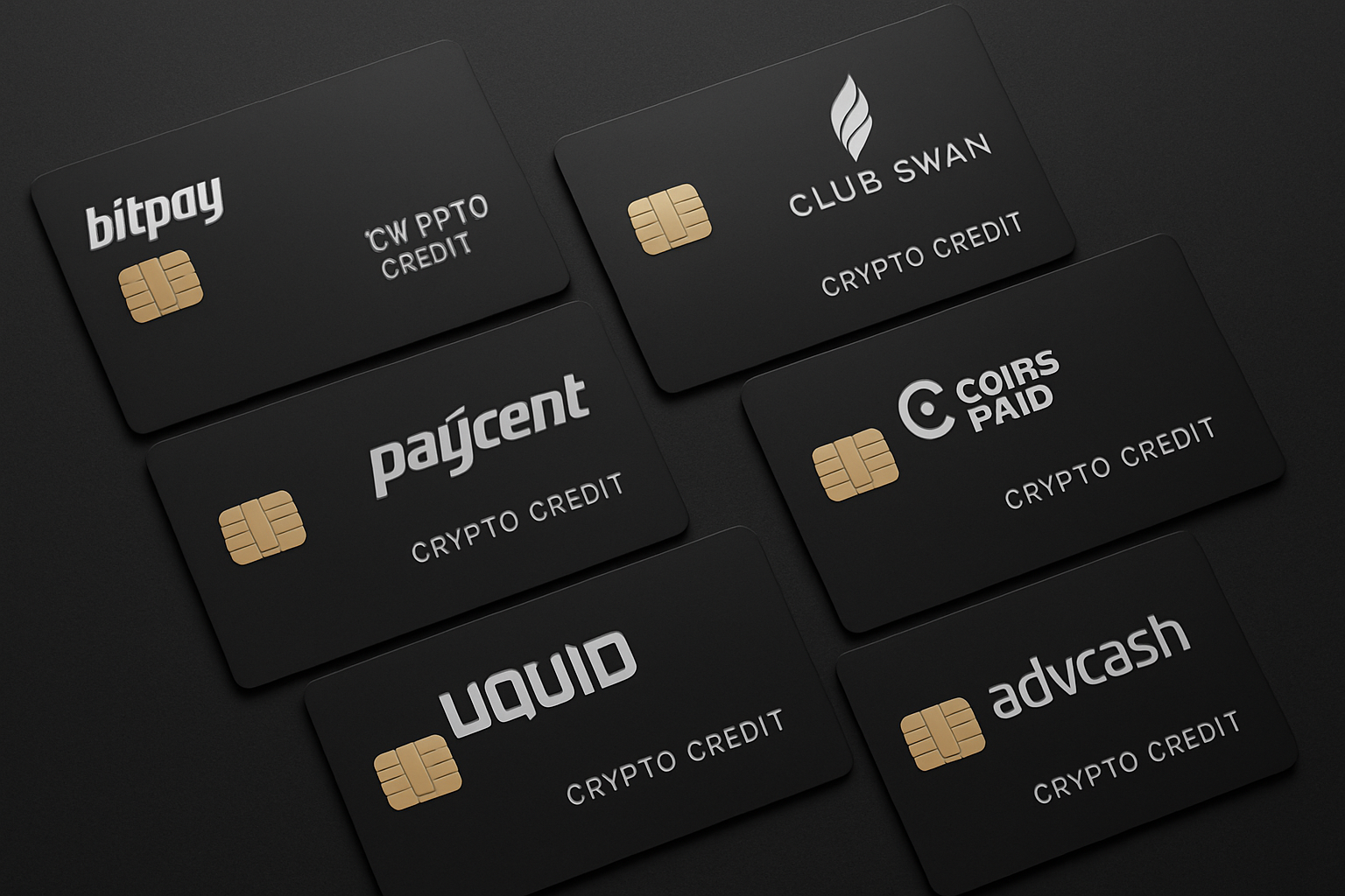Sleek array of top 6 no-KYC crypto credit cards for anonymous spending in 2025, featuring Bitpay, Paycent, ClubSwan, CoinsPaid, Uquid, and Advcash cards on a dark background symbolizing privacy and innovation.