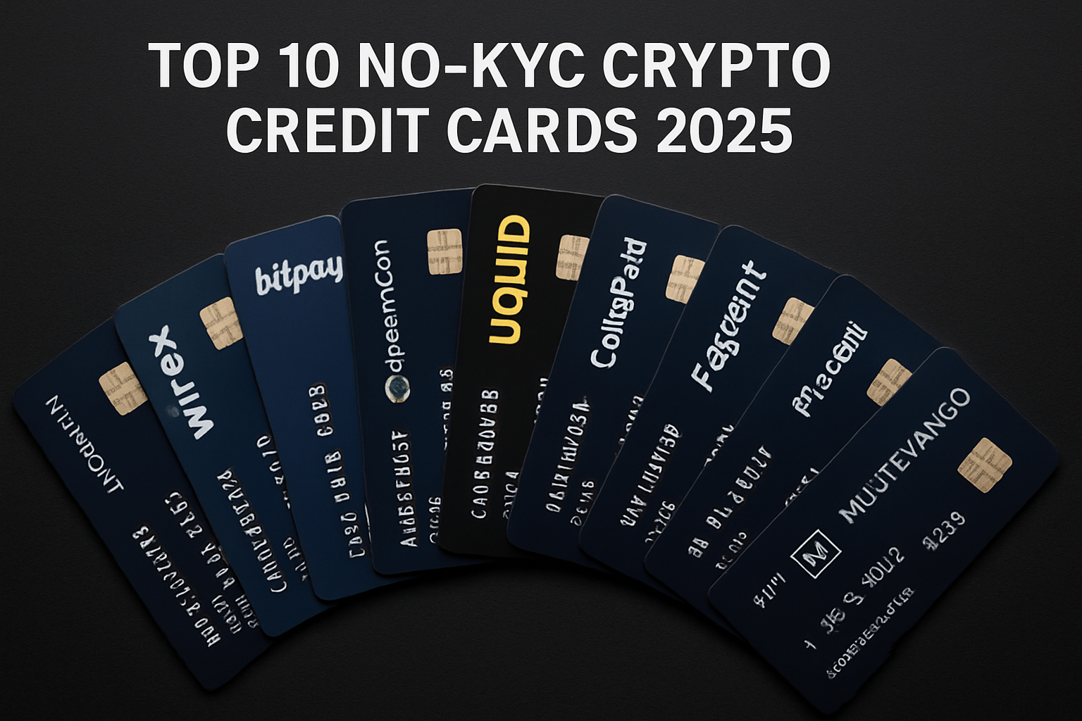 Top 10 no-KYC crypto credit cards for 2025 fanned out on a dark background, featuring Midnight Blue, Wirex, Bitpay, SpectroCoin, Uquid, CoinsPaid, Advcash, Paycent, Plasbit, and Mistertango cards, representing privacy-focused crypto spending options.