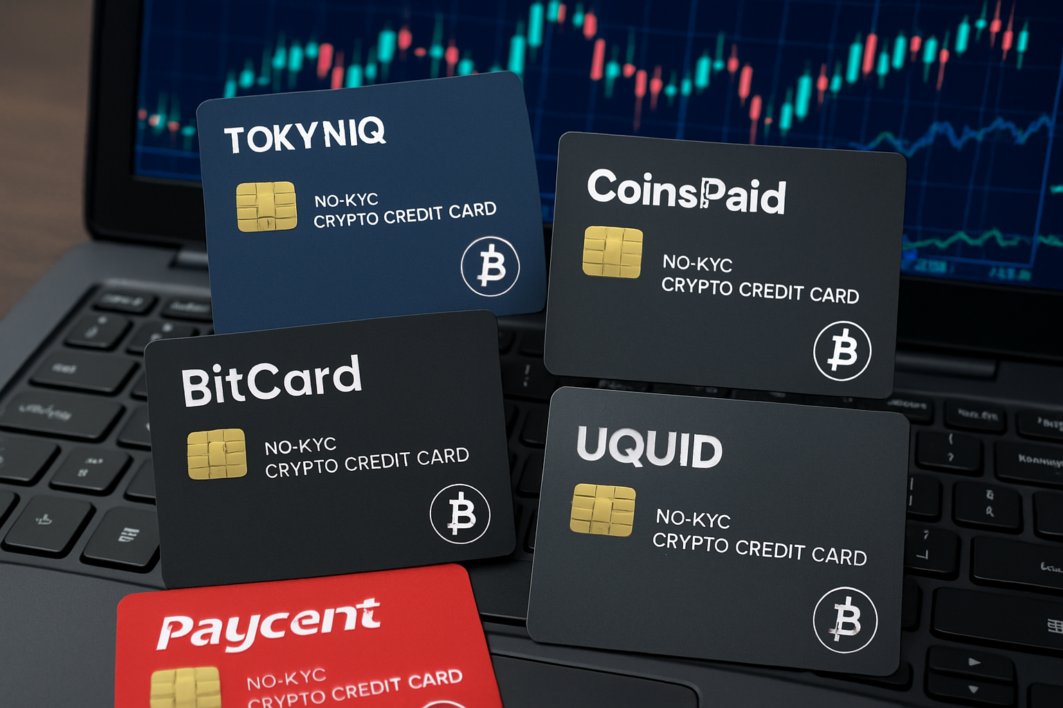 Sleek no-KYC crypto credit cards like Tokyniq, BitCard, CoinsPaid, Paycent, and Uquid displayed on a laptop keyboard with digital financial charts in the background, emphasizing privacy and anonymous crypto spending in 2024.