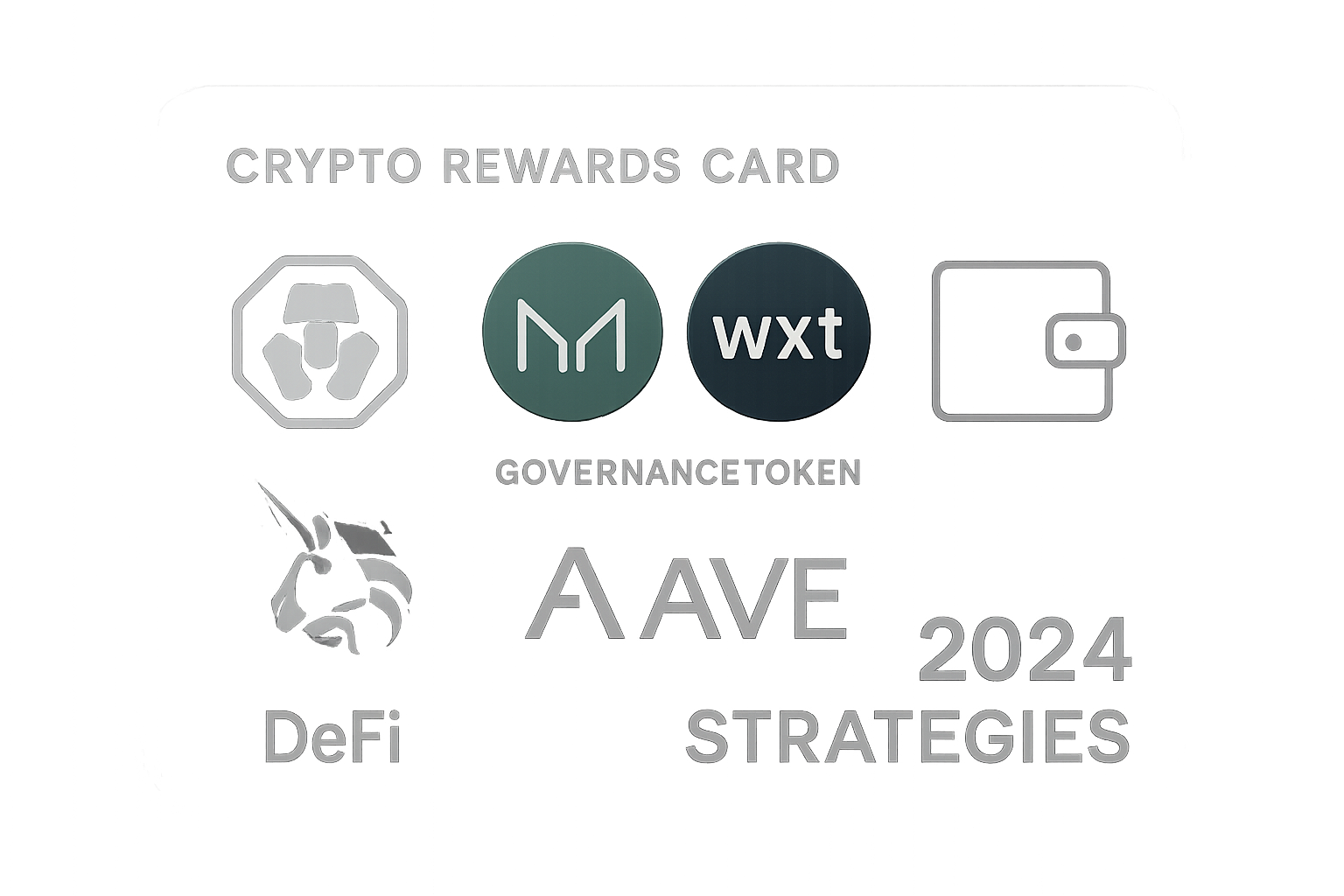 Sleek crypto rewards card featuring governance token icons like CRO, MKR, and WXT, alongside digital wallet and DeFi protocol logos, representing strategies to maximize crypto card rewards in 2024.
