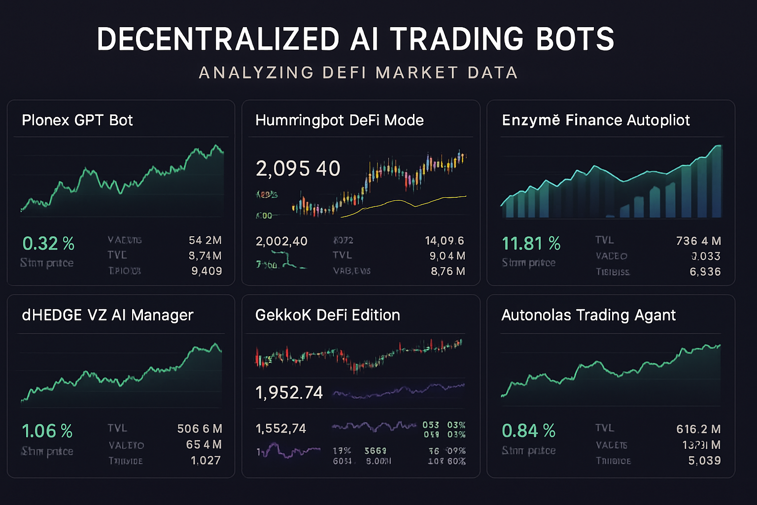Sleek dashboard displaying top decentralized AI trading bots—Pionex GPT Bot, Hummingbot DeFi Mode, Enzyme Finance Autopilot, dHEDGE V2 AI Manager, GekkoX DeFi Edition, Catalyst by Enigma, and Autonolas Trading Agent—analyzing DeFi market data in 2025.