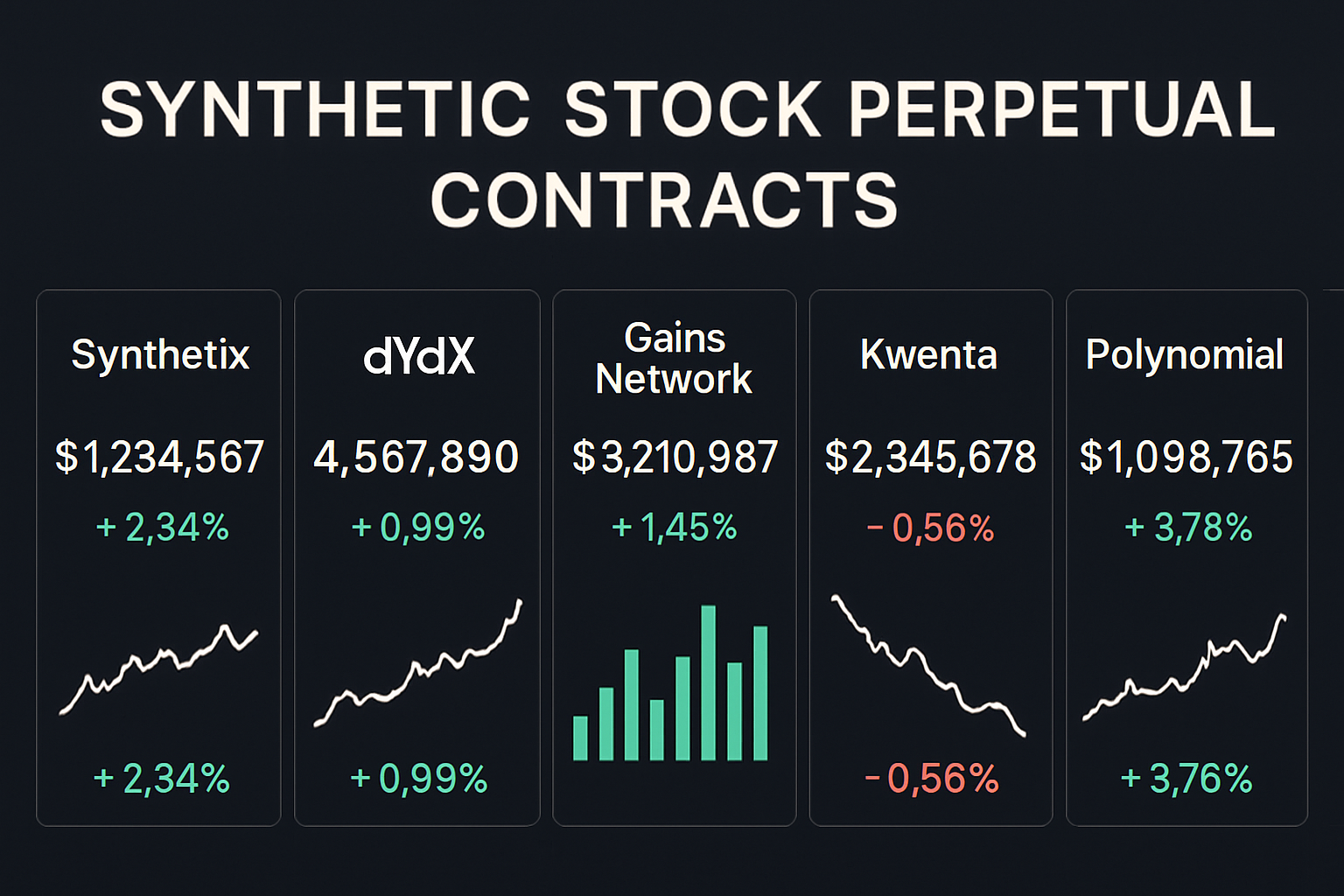 Sleek dashboard interface displaying synthetic stock perpetual contracts on top decentralized exchanges like Synthetix (Perps V3), dYdX, Gains Network, Kwenta, and Polynomial in 2024.