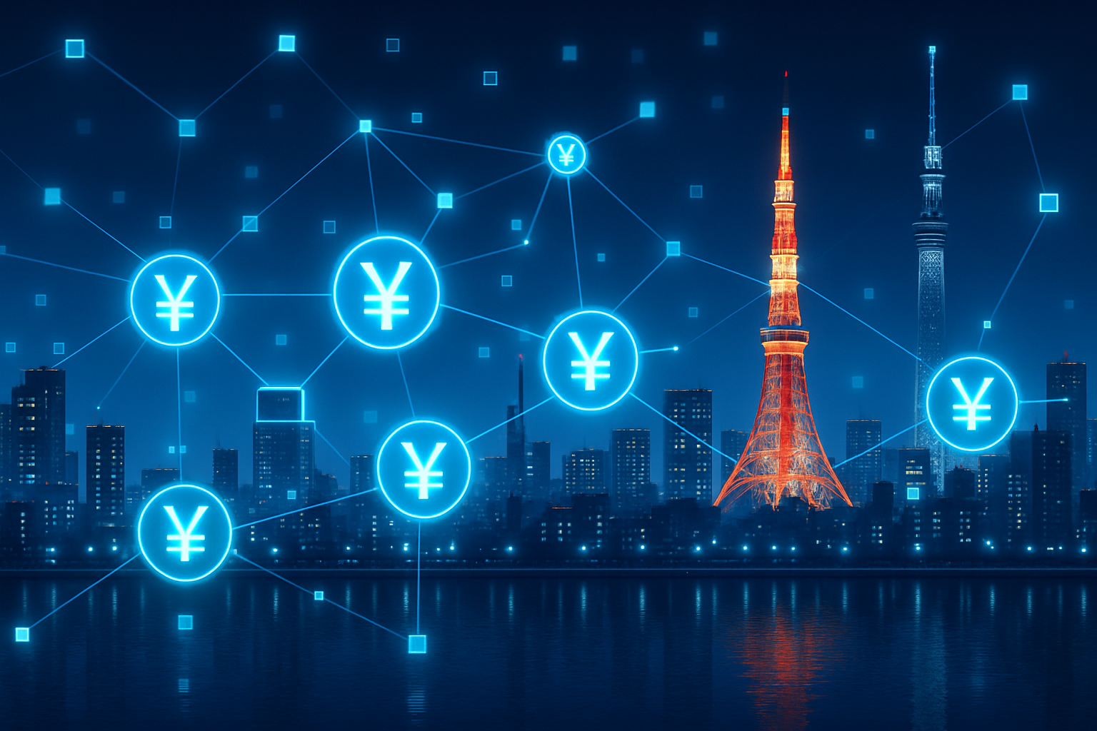 Digital rendering of Japan skyline with blockchain nodes and glowing yen symbol, representing bank-backed stablecoins and Project Pax