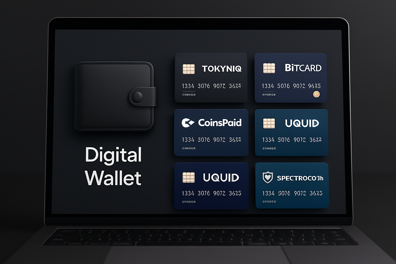 Sleek digital wallet and virtual crypto credit cards (Tokyniq, BitCard, CoinsPaid, Uquid, SpectroCoin) displayed on a laptop screen for anonymous online shopping in 2024