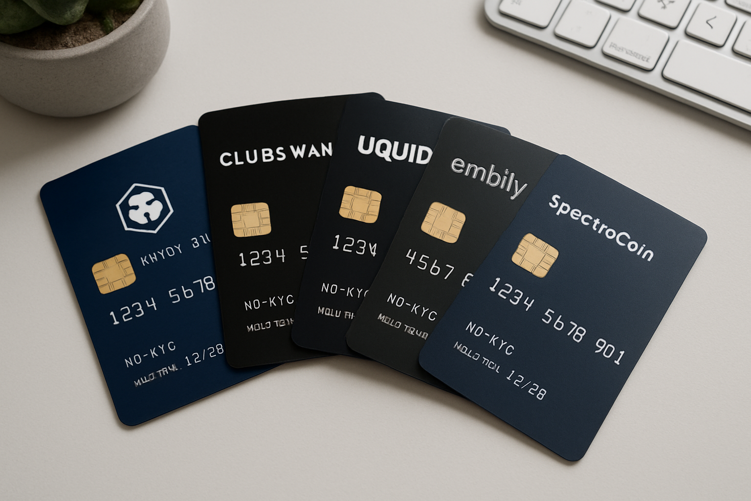 Sleek display of six no-KYC crypto credit cards—Midnight Blue, ClubSwan, Bitpay, Uquid, Embily, and SpectroCoin—fanned out on a minimalist desk, representing top private crypto spending options for 2025.