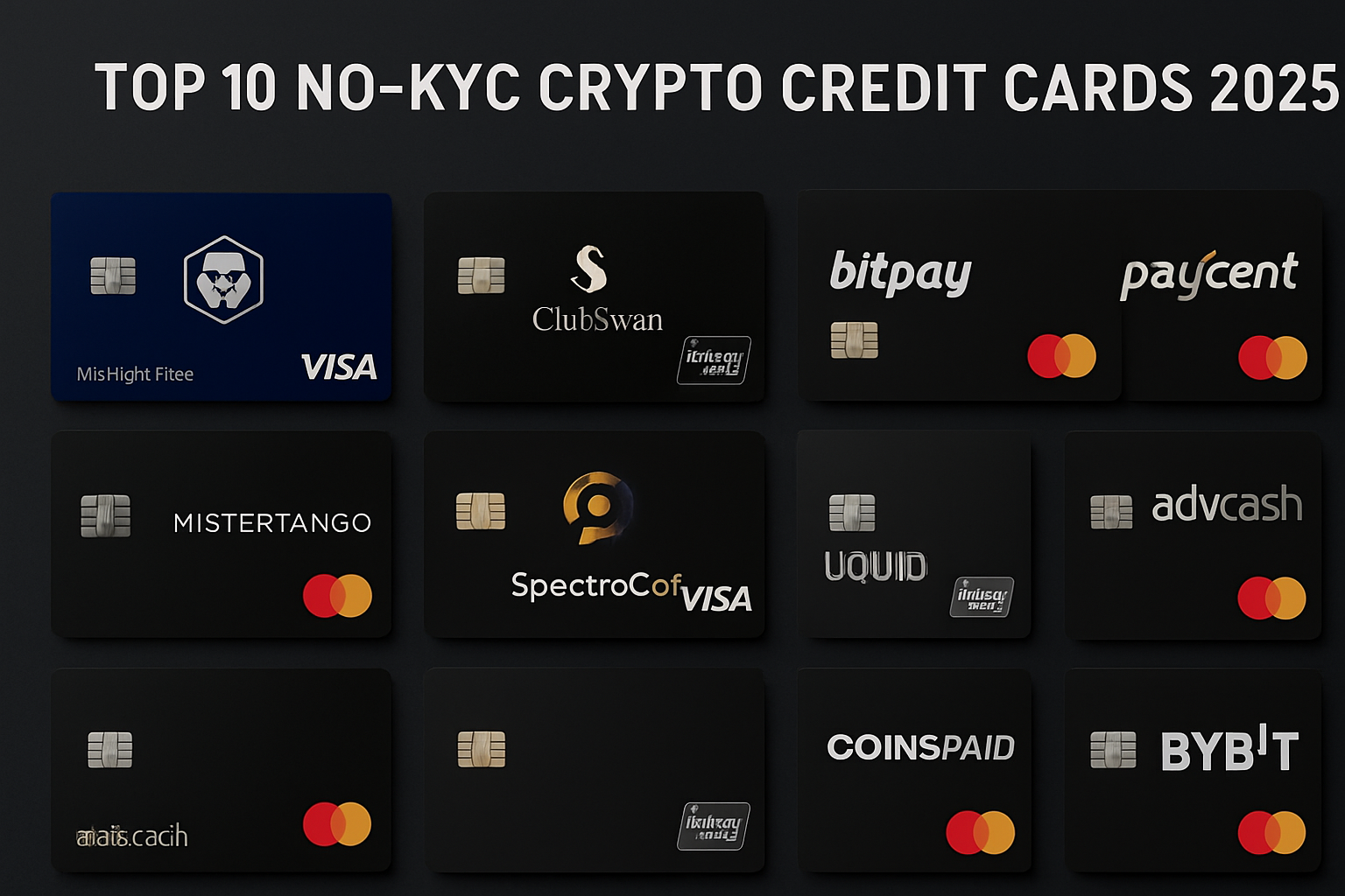 Sleek display of top 10 no-KYC crypto credit cards for 2025 on a dark background, featuring Midnight Blue, ClubSwan, Bitpay, Paycent, Mistertango, SpectroCoin, Uquid, AdvCash, CoinsPaid, and Bybit cards for privacy-focused users.