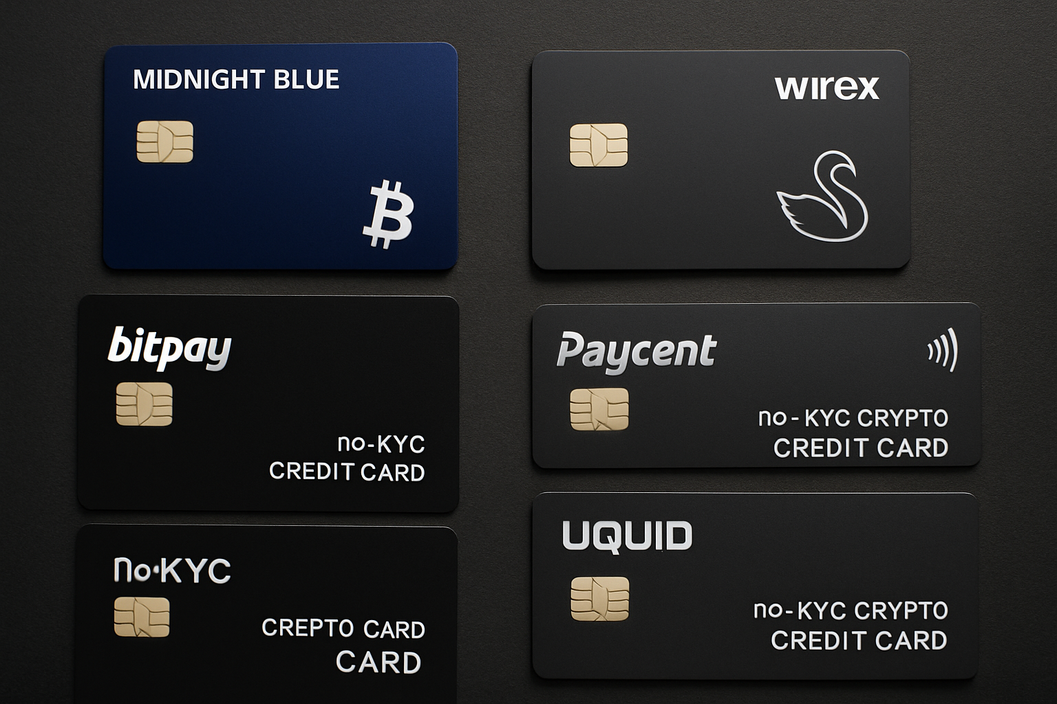 Flat-lay of top 6 no-KYC crypto credit cards for private spending in 2025, including Midnight Blue, Wirex, ClubSwan, Bitpay, Paycent, and Uquid, displayed on a dark desk for a sleek, anonymous finance look.