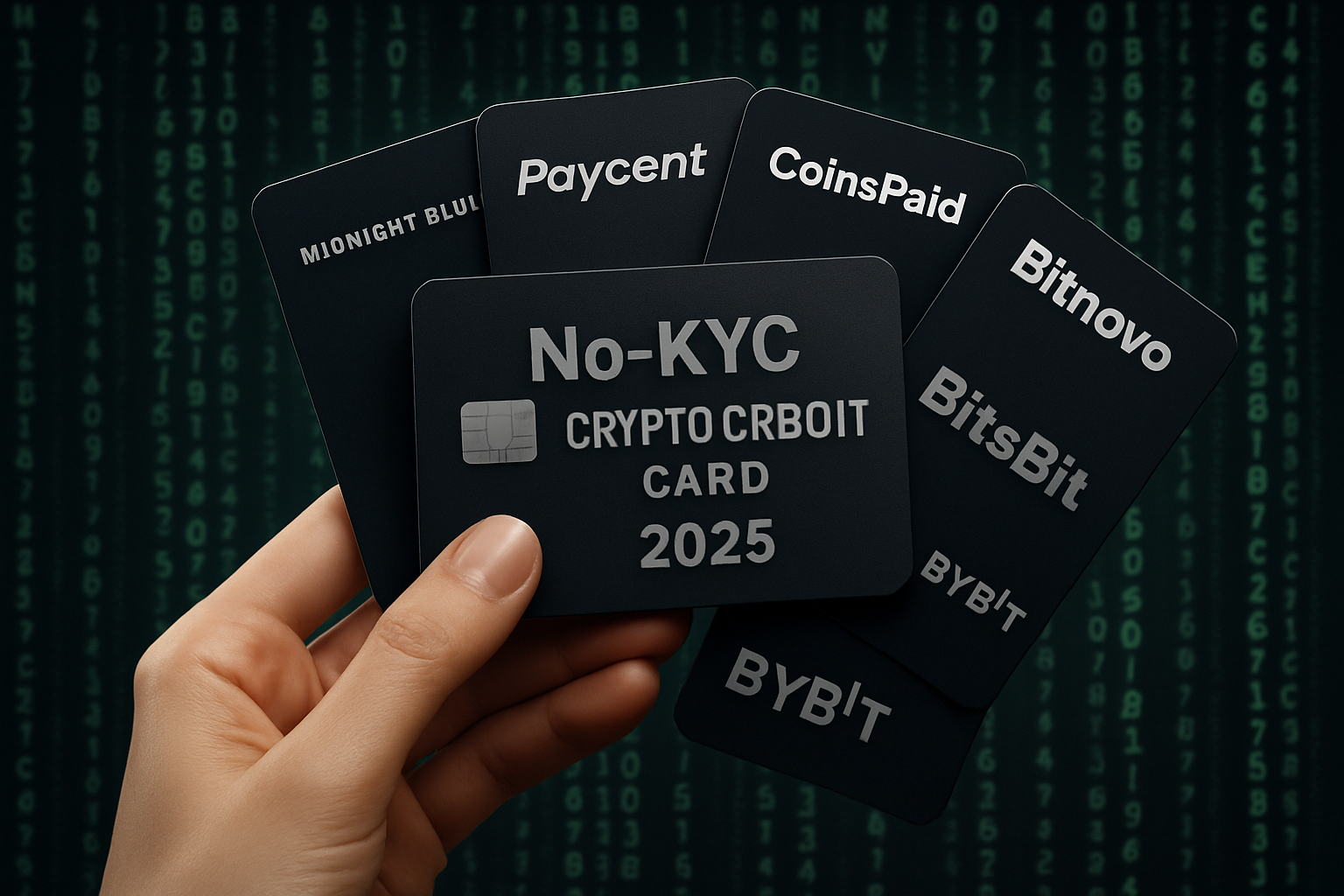 Sleek hand holding a blacked-out crypto credit card with digital code overlay, representing top 6 no-KYC crypto cards for 2025 privacy and anonymity