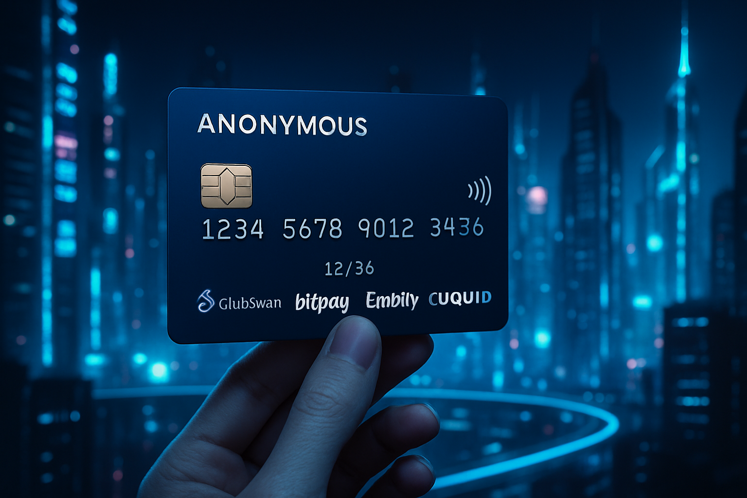 Sleek hand holding an anonymous crypto credit card with a futuristic city background, representing the 6 best no-KYC crypto credit cards for privacy in 2025, including Midnight Blue, ClubSwan, Bitpay, Embily, CoinsPaid, and Uquid.
