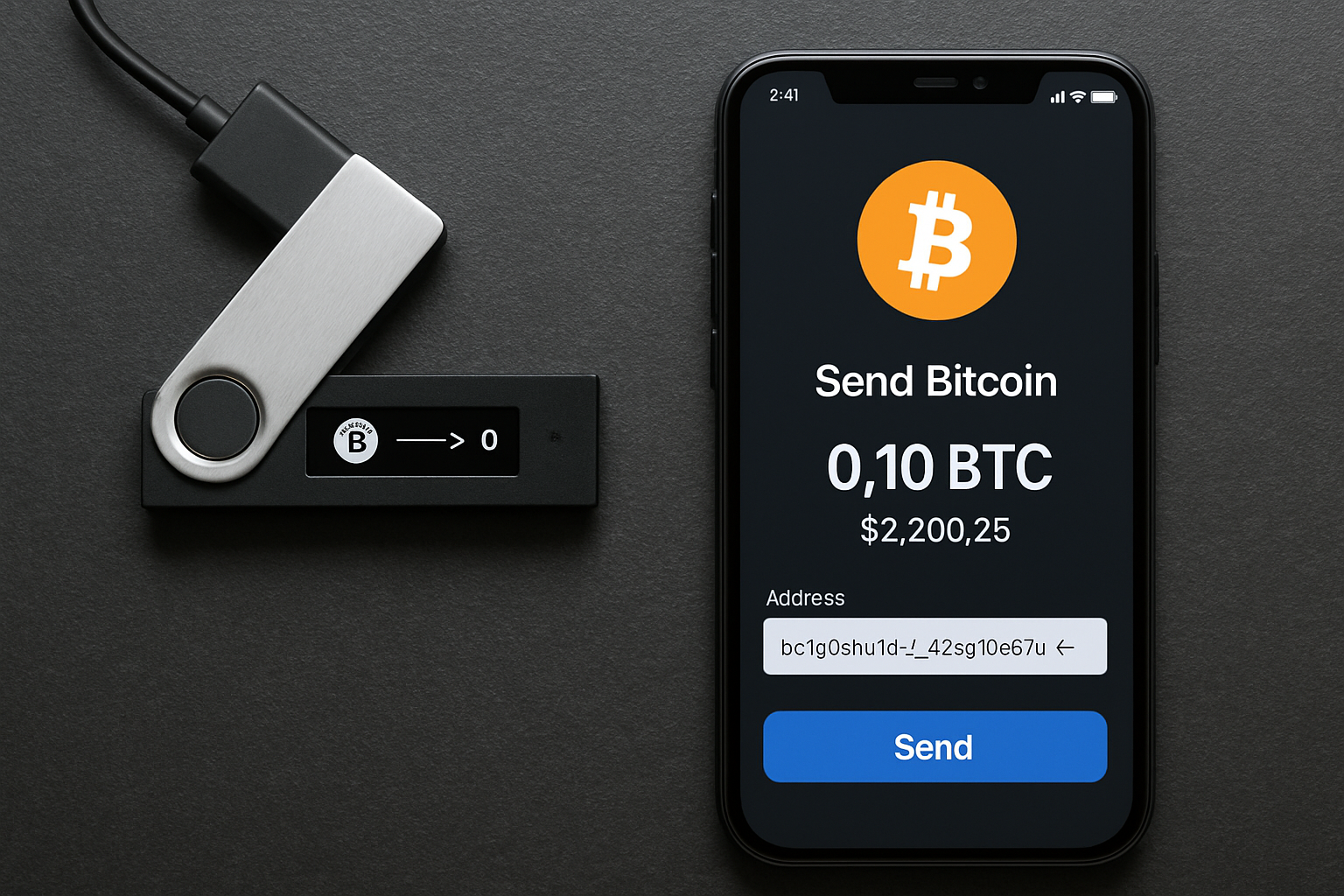 Sleek hardware wallet and smartphone displaying a Bitcoin transaction for secure crypto storage in 2025