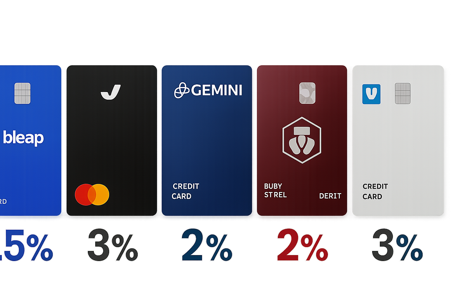 Top 5 crypto debit and credit cards for 2025 featuring Coinbase One Card, Bleap Mastercard, Gemini Credit Card, Crypto.com Ruby Steel Debit Card, and Venmo Credit Card with logos and reward highlights