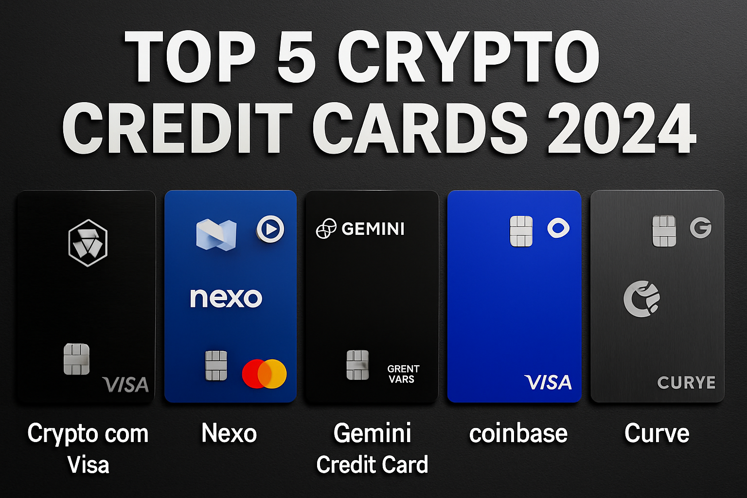 Top 5 crypto credit cards for governance token rewards in 2024: Crypto.com Visa Card (Obsidian, Frosted Rose Gold & Icy White), Nexo Mastercard, Gemini Credit Card, Coinbase Card, Curve Crypto Rewards Card displayed sleekly together.