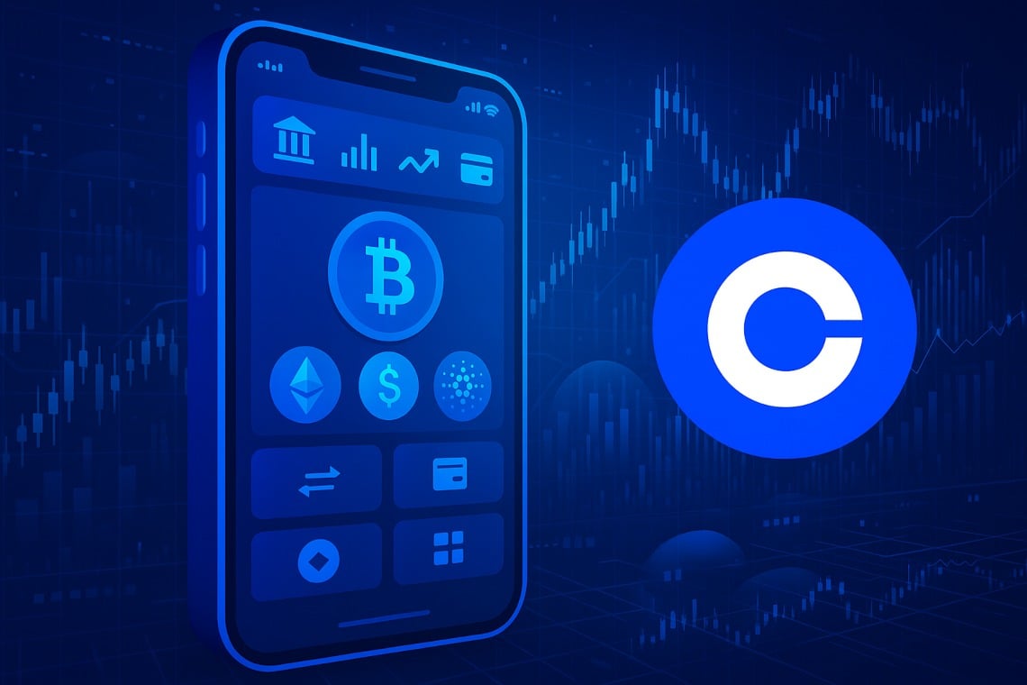 Sleek smartphone interface displaying PNC Bank and Coinbase accounts linked together, representing integrated crypto banking services in the US.