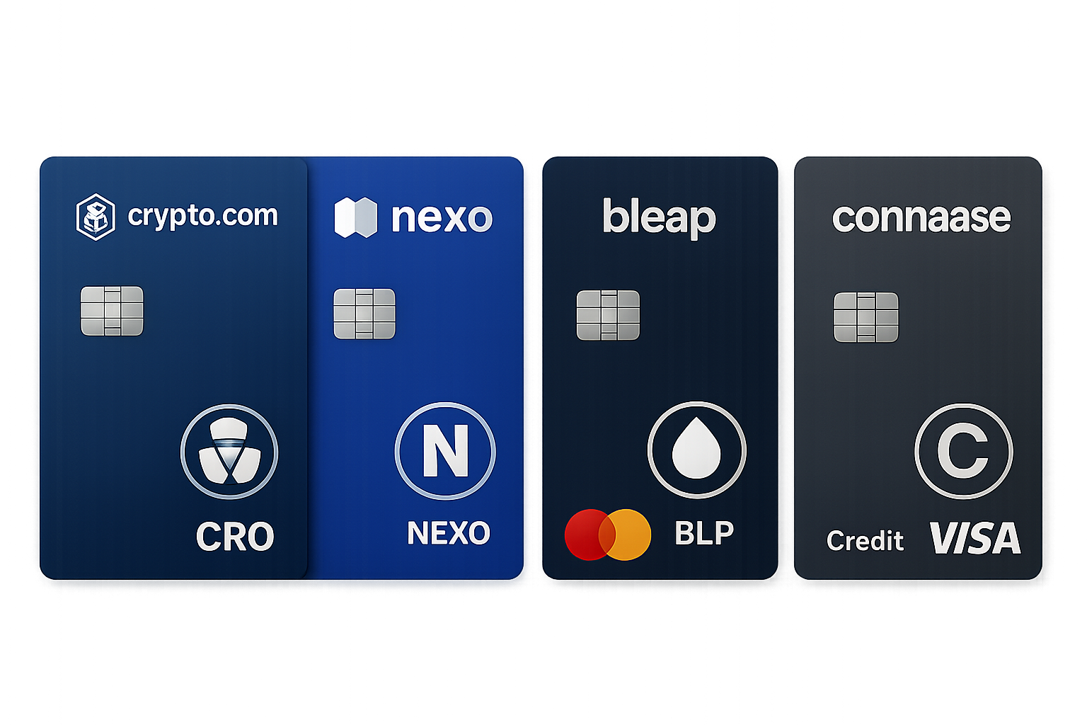 Lineup of top 2025 crypto rewards cards—Crypto.com Visa, Nexo Card, Bleap Mastercard, Gemini Credit Card, and Coinbase Card—each displaying their logos alongside governance tokens like CRO, NEXO, BLEAP, UNI, COMP, and MKR.