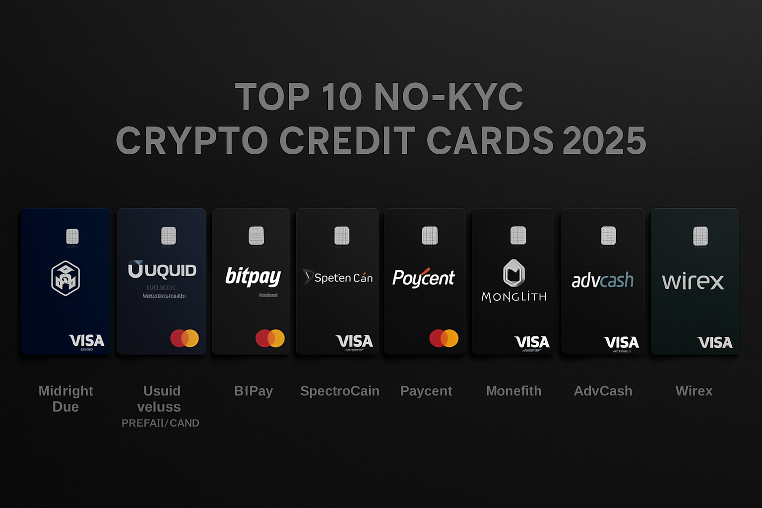 Sleek lineup of the top 10 anonymous no-KYC crypto credit cards for 2025, including Midnight Blue, Uquid, Bitpay, SpectroCoin, Paycent, Monolith, AdvCash, CoinsPaid, Bybit, and Wirex, displayed on a dark modern background.