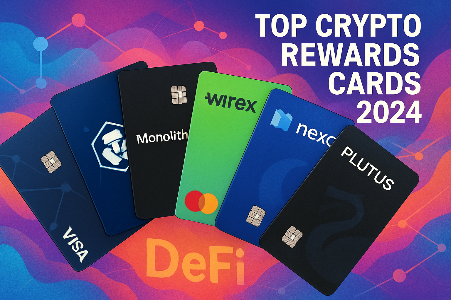 Lineup of top crypto rewards cards for 2024, including Crypto.com Visa, Monolith, Wirex Mastercard, Nexo, ClubSwan, and Plutus, displayed on a vibrant DeFi-themed background representing governance token rewards.