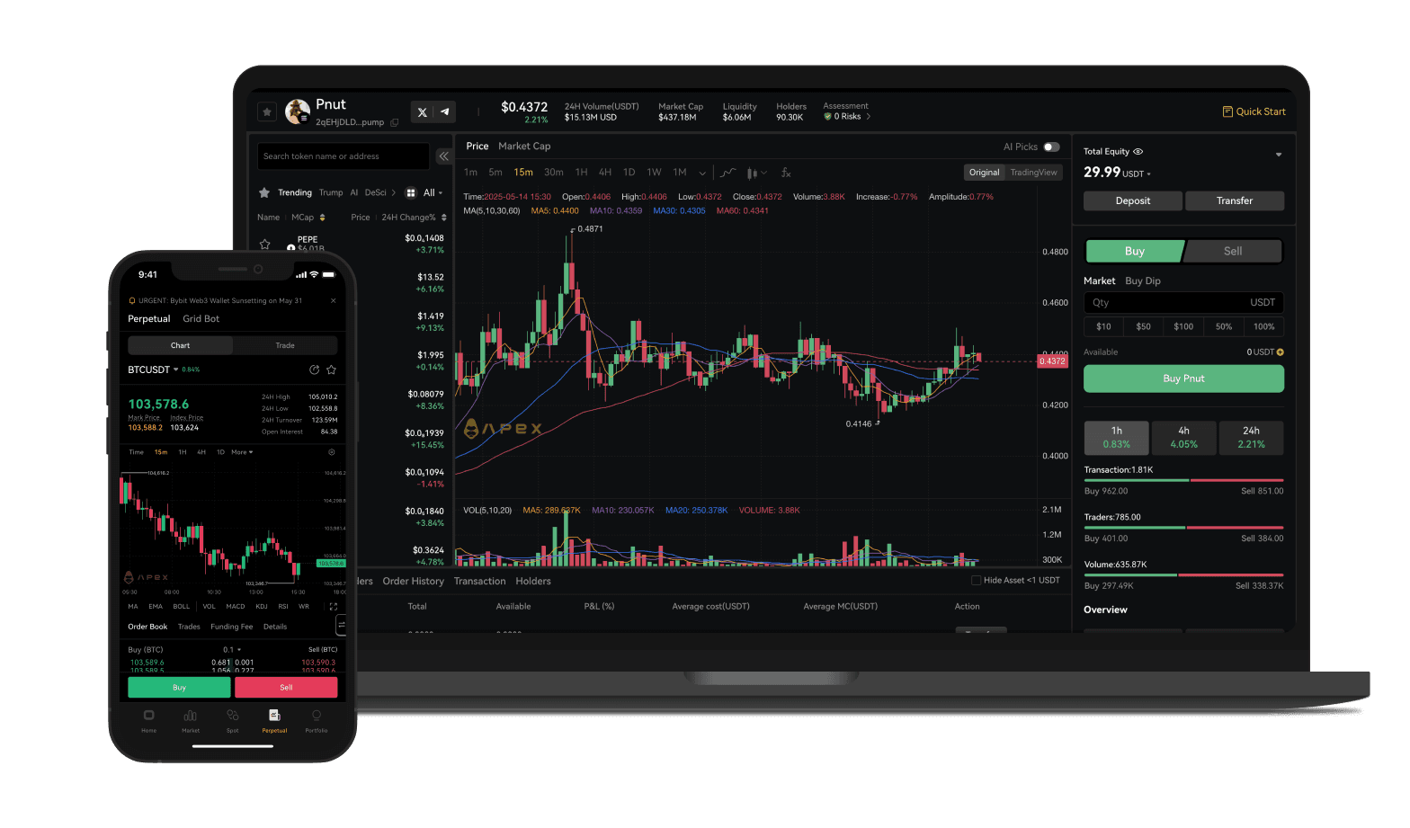 Mobile phone displaying a modern crypto perpetuals trading interface with real-time charts and leverage controls, suitable for DeFi app users in 2025.