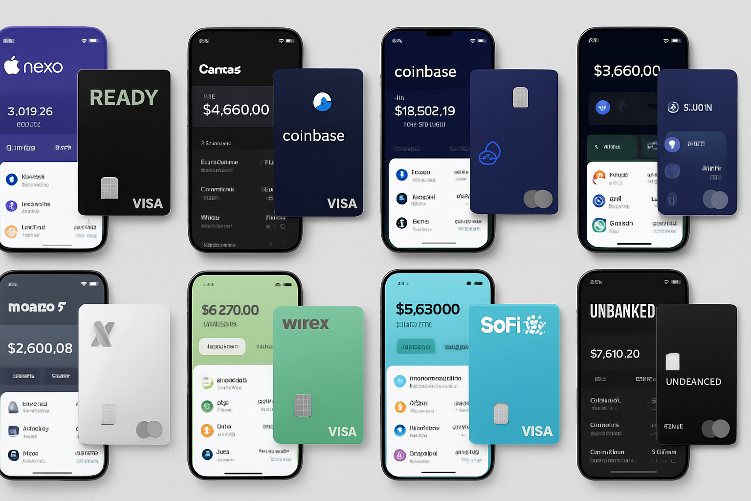 Photo montage of top 10 crypto neobanks and self-custody crypto cards for 2025, featuring card designs, app interfaces, and digital banking dashboards for Nexo, Ready Metal, Coinbase One, Gemini, Monzo X, Revolut Ultra, Wirex, Zengo Visa, SoFi Crypto Spend & Earn, and Unbanked Debit Card.