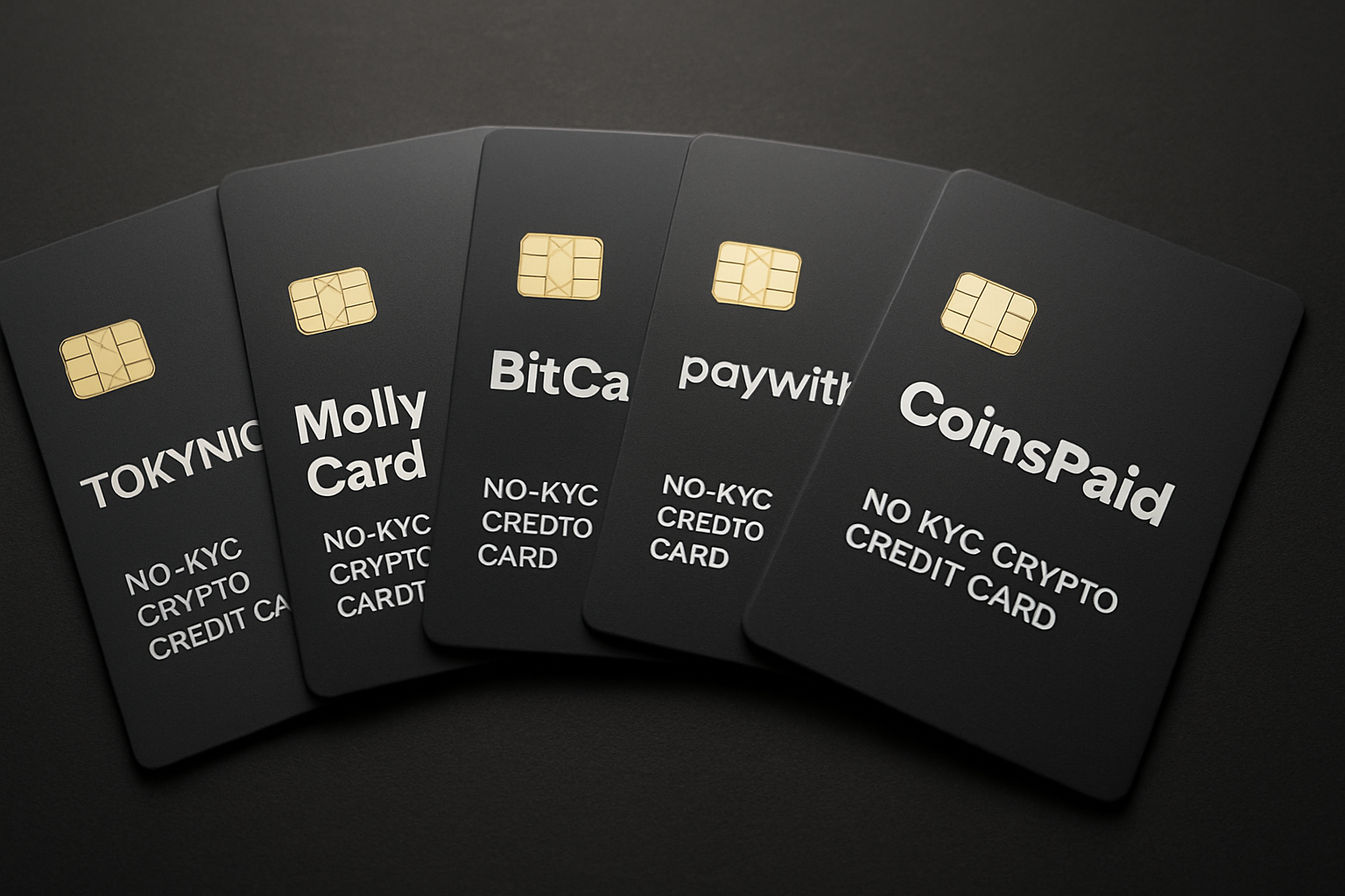 Fanned out no-KYC crypto credit cards including Tokyniq, MollyCard, BitCard, Paywithmoon, and CoinsPaid on a dark surface, representing top anonymous options for 2025.